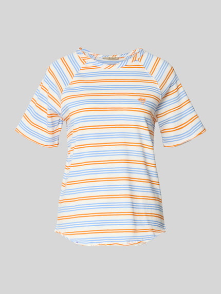 Produktfoto, Regular Fit T-Shirt mit Stitching von Smith and Soul, Damen T-Shirt aus reiner Baumwolle im Allover-Look mit Rundhalsausschnitt, Rückenlänge 60 cm, gestreift in Weiß, Orange, Blau, glatte Textur.