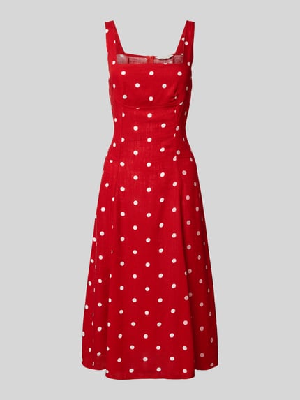 Produktfoto, Midikleid mit Leinen-Anteil und Karree-Ausschnitt von Apricot w kolorze czerwonym z białymi groszkami, mieszanka lnu i wiskozy, taliowany fason, prostokątny dekolt, szerokie ramiączka, zamek błyskawiczny z tyłu, długość tyłu w rozmiarze S: 91 cm, szerokość klatki piersiowej w rozmiarze S: 45 cm