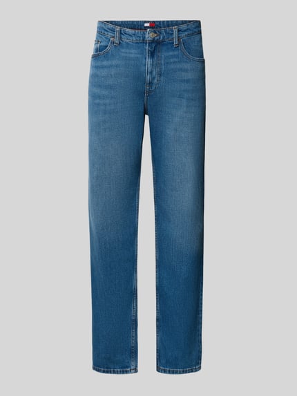 Produktfoto, Slim Straight Fit Jeans aus Baumwoll-Mix Modell 'RYAN' von Tommy Jeans, denim, krój slim fit, średni stan, kontrastowe szwy, naszywka z logo, 5 kieszeni, bawełniany twill