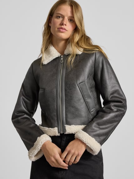 ONLY Regular fit kunstleren jack met voering van teddybont model 'BETTY' Zwart - 3