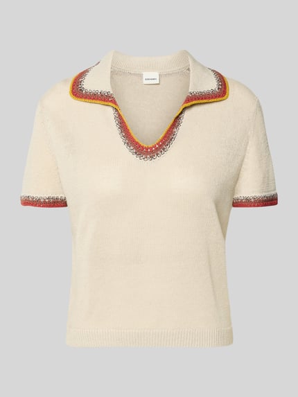 Productfoto, T-shirt in tricotlook met contrastkleur van Stefanel, mix van vlas en katoen, straight fit, polokraag, ruglengte maat S 49 cm