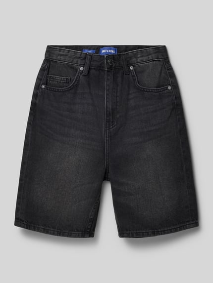 Productfoto, Relaxed Fit Jeansshorts aus reiner Baumwolle Modell 'CARL' van Only & Sons in denimlook met labelpatch, 5-pocketmodel, knoop- en ritssluiting, puur katoen, kindershorts, zwart met grijze wassingen, gladde denimtextuur.