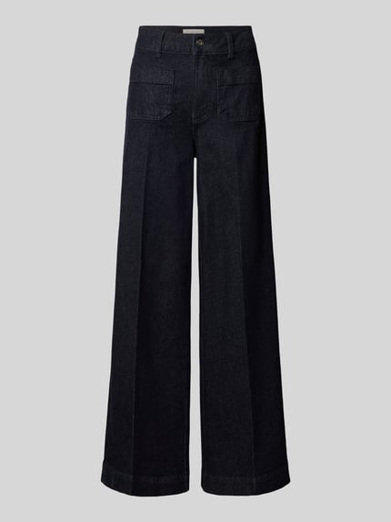 Produktfoto, Wide Leg Jeans mit aufgesetzten Taschen von Stefanel, dunkelblauer Baumwoll-Elasthan-Mix, sichtbare Bügelfalte, Struktur glatt