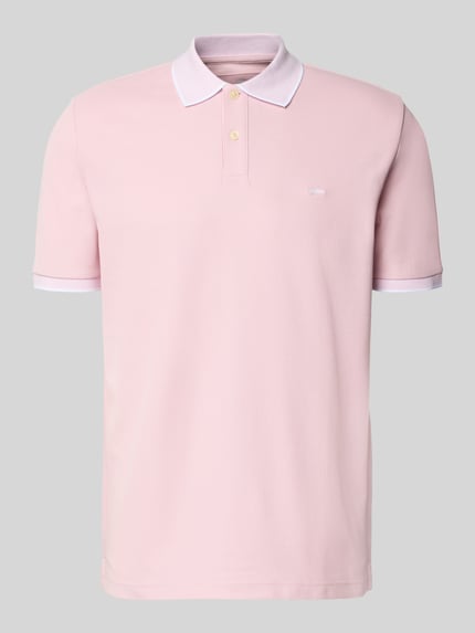 Produktfoto, Modern Fit Poloshirt mit Stitching von Fynch-Hatton aus puur katoen, polokraag, knoopsluiting, ruglengte maat M 65 cm, lichtroze kleur, korte mouwen, witte accenten