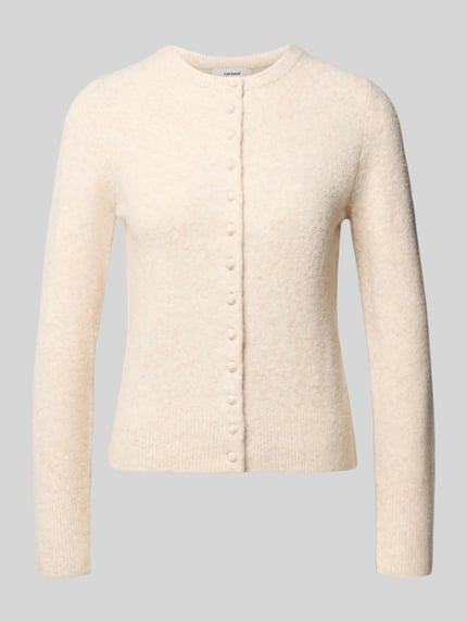 Produktfoto, Slim Fit Strickjacke mit Woll-Anteil Modell 'Sia' von Topshop, cremefarben, feine Strick-Optik, gerippte Abschlüsse, durchgehende Knopfleiste
