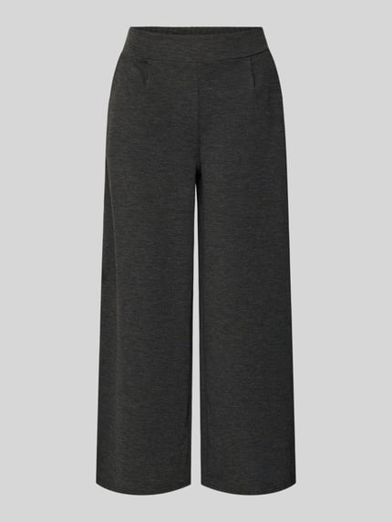 Produktfoto, Stoffhose mit Eingrifftaschen van ICHI in effen donkergrijs, elastische tailleband, viscose-mix, losse pasvorm, recht van voren.