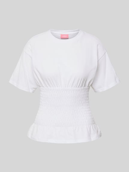 Produktfoto, Tailliertes T-Shirt mit Rundhalsausschnitt Modell 'EVELYN' van JJXX, wit, reine katoen, smok-details, getailleerde fit, ruglengte 53 cm