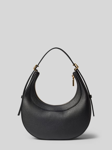 Produktfoto, schwarze Shoulder Bag mit Strukturmuster Modell 'Whisper' von Coccinelle, goldene Details, breite 24 cm, strukturierte Oberfläche