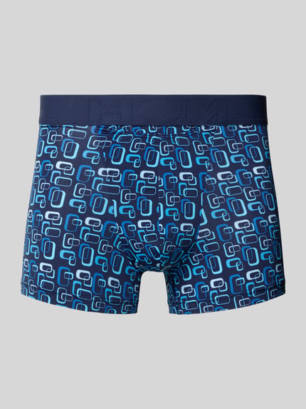 Produktfoto, Slim Fit Trunks mit Logo-Detail Modell 'Elvis' von HOM, elastischer Material-Mix, blaues Muster mit geometrischen Formen