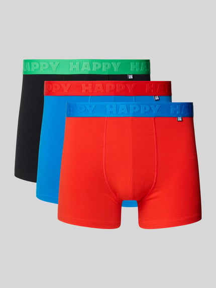 Produktfoto, Boxershorts mit elastischem Logo-Bund im 3er-Pack von Happy Socks, Baumwoll-Elasthan-Mix, körpernaher Schnitt, bunte Farben.