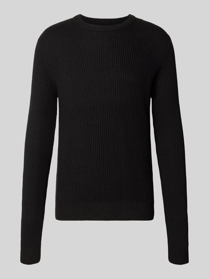 Produktfoto, schwarzer Strickpullover mit Rundhalsausschnitt Modell 'PANNEL' von JACK & JONES aus Baumwoll-Materialmix, eng anliegender Schnitt
