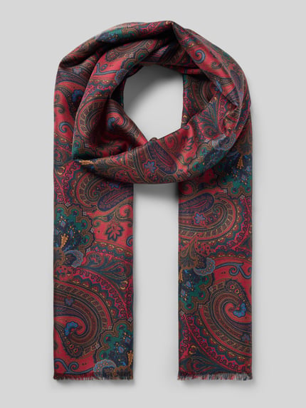 Produktfoto, Wollschal aus reiner Wolle mit Rückseite aus reiner Seide von Ascot, rotes Paisleymuster, ausgefranste Abschlüsse, weiche Textur