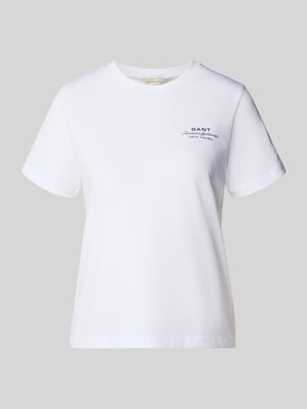 Produktfoto, T-Shirt mit Label-Print und Rundhalsausschnitt von Gant, weiß, Reine Baumwolle, Regular-Fit, Rückenlänge 57 cm, Damen T-Shirt