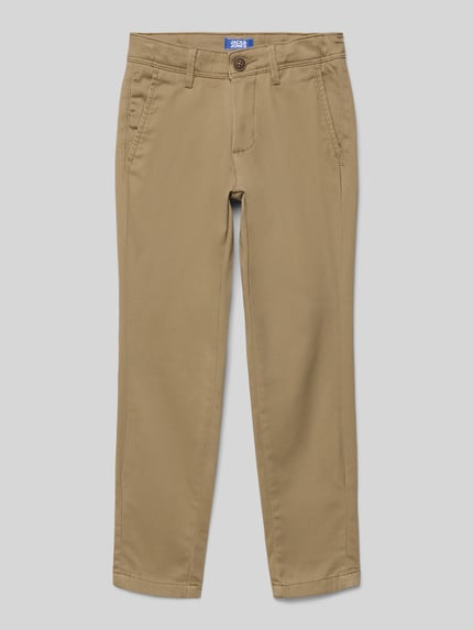 Produktfoto, Spodnie materiałowe z mieszanki bawełny i elastanu od Jack & Jones, prosty krój, wpuszczane i tylne kieszenie, detal z logo, zapięcie na guzik i zamek błyskawiczny, szerokość w pasie 31 cm, długość wewnętrzna nogawki 58 cm, rozmiar 128