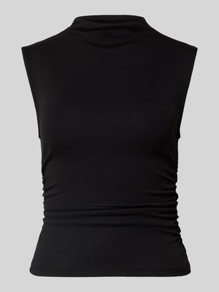 Productfoto, Top met opstaande kraag en plooien van Gina Tricot, katoenmix met modal, slim fit, zwart, lengte achterkant maat S 56 cm