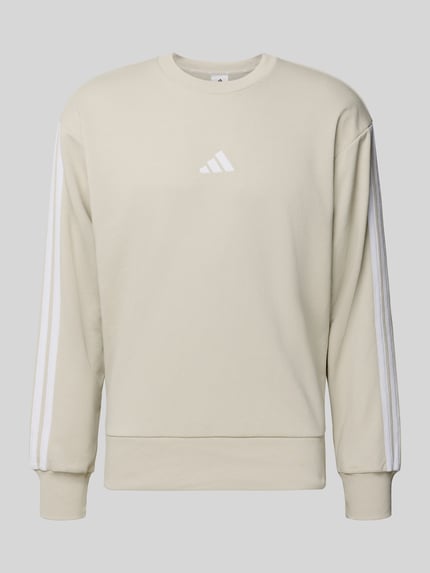 Produktfoto, Sweatshirt mit Label-Stitching von adidas Sportswear in Beige, Baumwoll-Mix mit Viskose-Anteil, lockerer Schnitt, Rundhalsausschnitt, Gerippte-Abschlüsse.