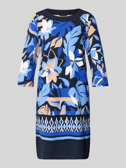 Produktfoto, Knielanges Kleid aus Viskose-Mix im Allover-Look von Betty Barclay, bloemenprint in blauw, beige en wit, rechte fit, ronde hals, 3/4-mouw, viscosemix met stretch, ruglengte 87 cm, borstwijdte 45 cm, mouwlengte 46 cm