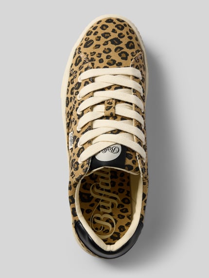 Productfoto, Sneaker met Allover-Animal-Print van Buffalo, afgeronde fit, logodetail, vetersluiting, plateauzool, beige en zwarte tinten, textuur van imitatieleer