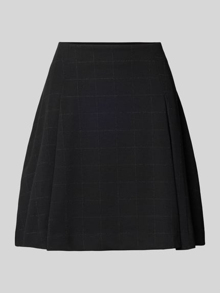 Produktfoto, Minirock aus elastischem Viskose-Mix Modell 'KATE' von ICHI mit Karomuster, A-Linie, Bügelfalten, Schwarz, glatte Textur.