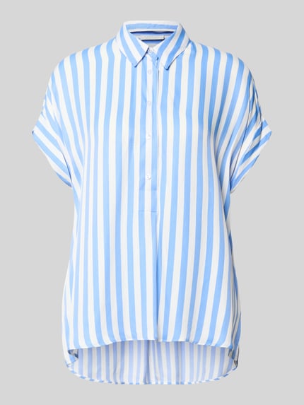 Produktfoto, Relaxed Fit Bluse mit Knopfleiste und Ärmeln mit Aufschlag von ETERNA, biało-niebieskie paski, kołnierzyk koszulowy, długość tyłu 71 cm, długość rękawa 10 cm, tekstura gładka
