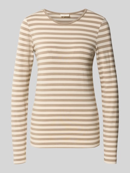Produktfoto, Skinny Fit Longsleeve aus Viskose-Mix Modell 'Liana' von FREE/QUENT, beige-weiß gestreift, Rundhalsausschnitt, glatte Textur