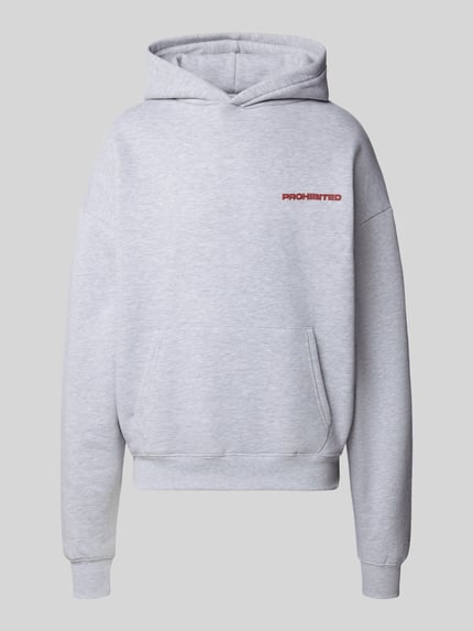 Produktfoto, Relaxed Fit Hoodie aus Baumwoll-Mix mit Label-Detail von PROHIBITED in Hellgrau, Känguru-Tasche, elastische Abschlüsse