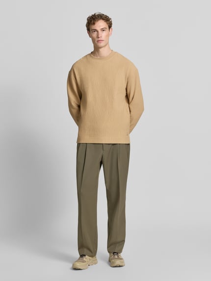 Męski model nosi Regular Fit Sweatshirt aus Baumwoll-Mix model 'DENOLONG' od HUGO w beżowym kolorze, teksturowana tkanina, Ganzkörperansicht von vorne.