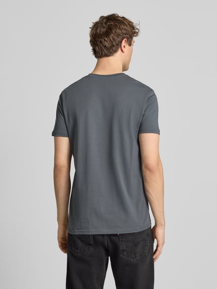 Męski model nosi T-Shirt aus Baumwolle von Alpha Industries, prosty krój, okrągły dekolt, szary, długość tyłu w rozmiarze M: 68 cm, Ganzkörperansicht Rückansicht.