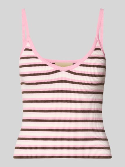 Produktfoto, Crop Top aus viscosemix model 'ESTHER' van JIXX met V-hals en spaghettibandjes, kort, roze en bruine strepen