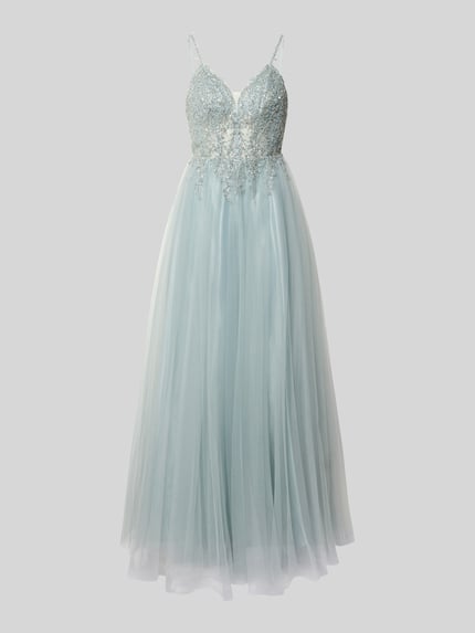Produktfoto, Abendkleid mit Spitze und Spaghettiträgern von Hey Kyla in hellblauem Chiffon, A-Linie, Maxikleid, tiefer V-Ausschnitt, Paillettenbesatz.