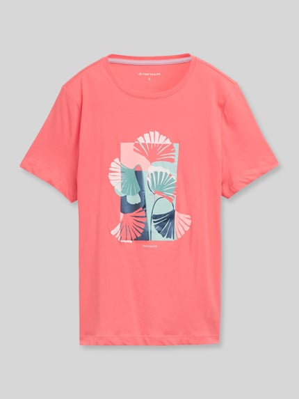 Produktfoto, Regular Fit T-Shirt aus reiner Baumwolle von Tom Tailor, Optik: Unifarben in Koralle mit Label-Print, Motiv-Print-Stitching, Jersey