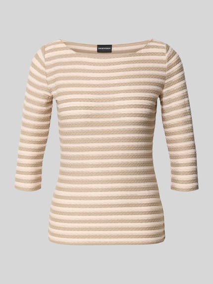 Produktfoto, Longsleeve mit 3/4-Ärmel von Emporio Armani aus Viskose-Mix mit Stretch-Anteil, Slim Fit, U-Boot-Ausschnitt, beige gestreift