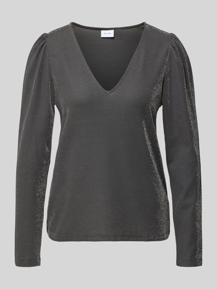 Produktfoto, Bluzka z długim rękawem model 'ELEINAS' od Vila, mieszanka materiałów z dodatkiem streczu, luźny krój, efekt błyszczący, dekolt w serek, długość tyłu 55 cm w rozmiarze S.