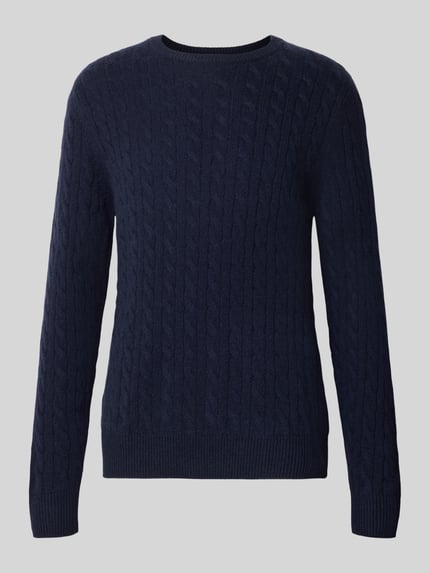 Produktfoto, Slim Fit Strickpullover aus reinem Kaschmir mit Zopfmuster von Christian Berg Men, dunkelblau, gerippte Abschlüsse, Rundhalsausschnitt, Herrenmode
