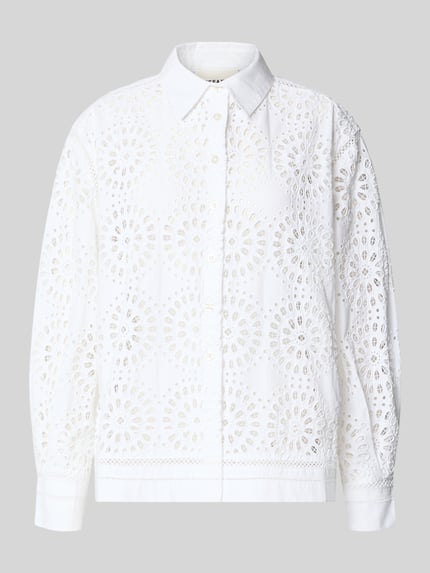 Produktfoto, Regular Fit Bluse mit Lochstickerei Modell 'SANGALLO' von Stefanel aus reiner Baumwolle, weiß, Hemdblusenkragen, feine Textur