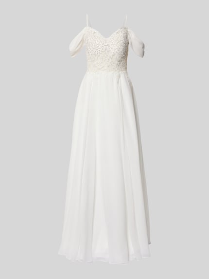 Produktfoto, Brautkleid mit Spaghettiträger von Luxuar, biały, koronka, dopasowany krój, sercowy dekolt, gładka tekstura, 138 cm długości.
