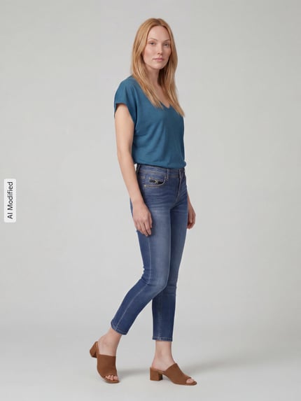 Modelka nosi Slim Fit Jeans aus Baumwoll-Mix Modell 'PIPER' von CAMBIO, kolor niebieski, tekstura gładka, Ganzkörperansicht von vorne, KI-modifiziertes Bild. Kontekst: damskie jeansy slim fit od CAMBIO.