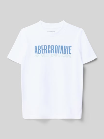 Produktfoto, weißes T-Shirt mit blauem Label-Print, Rundhalsausschnitt, Baumwoll-Mix, Regular Fit, Abercrombie&Fitch, Größe 134