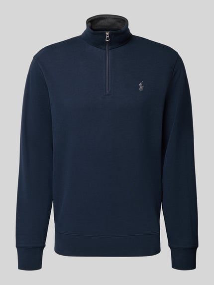 Produktfoto, donkerblauwe Sweatshirt met Stehkragen van Polo Ralph Lauren, katoen-viscose-mix, regular fit, korte rits, label-stitching, geribde boorden.