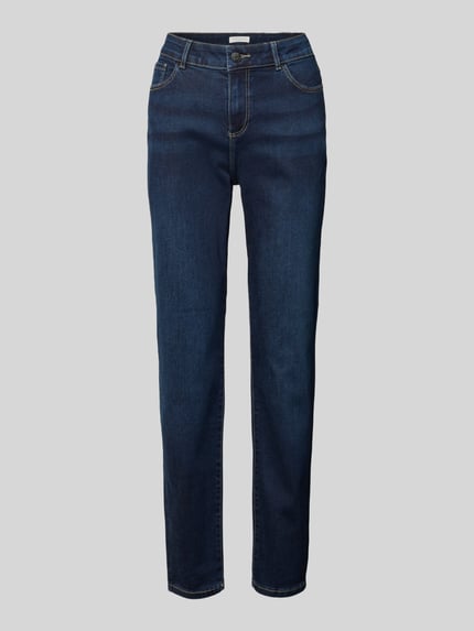 Produktfoto, Skinny Fit Jeans in 5-Pocket-Design von Christian Berg Woman, dunkelblauer Denim mit Kontrastnähte, Baumwollmischung mit Viskose-Anteil, Knopf- und Reißverschluss, Bundweite 39 cm, Innenbeinlänge 80 cm, Größe 36/32, strukturierte Textur.