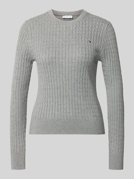 Produktfoto, Regular Fit Pullover aus reiner Baumwolle von Tommy Hilfiger, szary sweter z bawełny, faktura w warkoczową plecionkę, damski Pullover