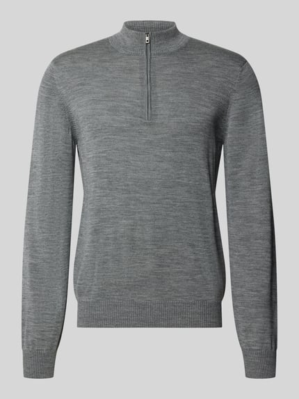 Produktfoto, Regular Fit Sweatshirt aus reiner Schurwolle mit Troyer-Kragen von MAERZ Muenchen, szary, gładka faktura, elastyczne wykończenia, krój regular fit, długość tyłu w rozmiarze 50: 69 cm, długość rękawa w rozmiarze 50: 68 cm