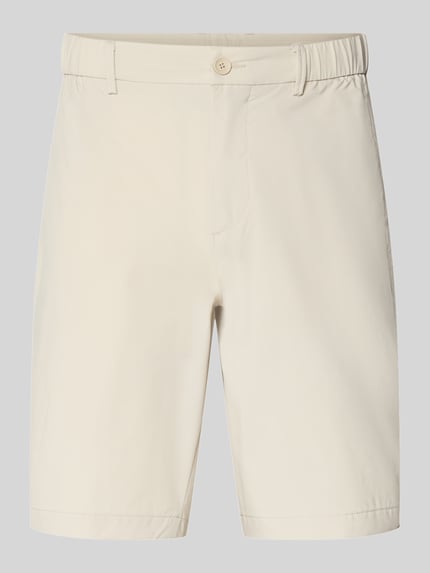 Produktfoto, Regular Fit Shorts mit elastischem Bund Modell 'S_SPEEDFLEX' von BOSS Green in Beige, unifarben, Label Print, seitliche Eingrifftaschen, glatte Textur.
