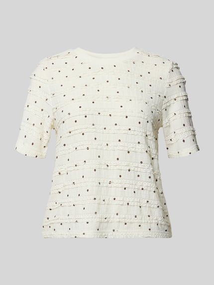 Produktfoto, T-Shirt im Allover-Look mit Rundhalsausschnitt von Jake*s Casual, cremefarben mit feinem Muster, Material-Mix mit Stretch-Anteil, Regular-Fit, Rückenlänge bei Größe S 52 cm.
