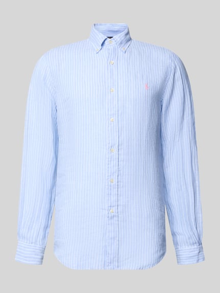 Produktfoto, Regular Fit Freizeithemd aus reinem Leinen von Polo Ralph Lauren, mehrfarbig gestreift, Button-Down-Kragen, Logo-Detail.