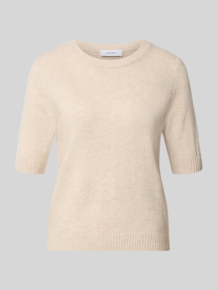 Produktfoto, Pullover aus Baumwoll-Mix in Feinstrick-Optik von COMMA in Beige, halbarm, taillierte Passform, strukturierte Oberfläche.