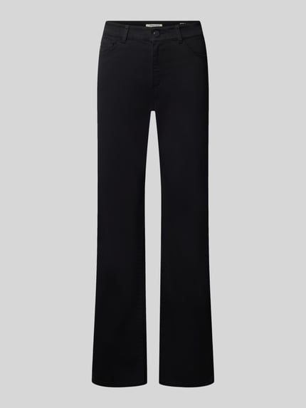 Produktfoto, Straight Fit Stoffhose im 5-Pocket-Design von Christian Berg Woman in Schwarz, Strasssteinbesatz, glatte Textur, neutraler Hintergrund, elastischer Baumwoll-Mix mit Viskose-Anteil