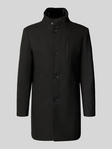 Produktfoto, Mantel mit Stehkragen und Eingrifftaschen von CINQUE, Mieszanka materiałów z dodatkiem wiskozy, krój slim fit, listwa guzikowa, wpuszczane kieszenie, długość tyłu w rozmiarze 48: 88 cm, szerokość ramion w rozmiarze 48: 45 cm, szerokość klatki piersiowej w rozmiarze 48: 56 cm, długość rękawów w rozmiarze 48: 66 cm, kolor czarny, gładka tekstura