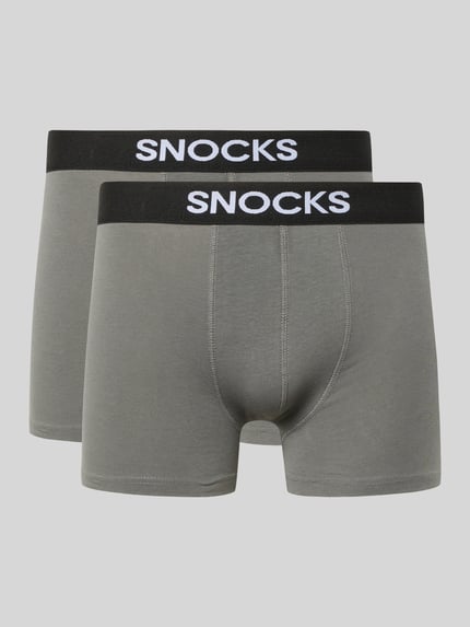 Produktfoto, Trunks mit Logo und elastischem Bund im 2er-Pack von Snocks aus Baumwoll-Elasthan-Mix, körpernahe Passform, graue Farbe.