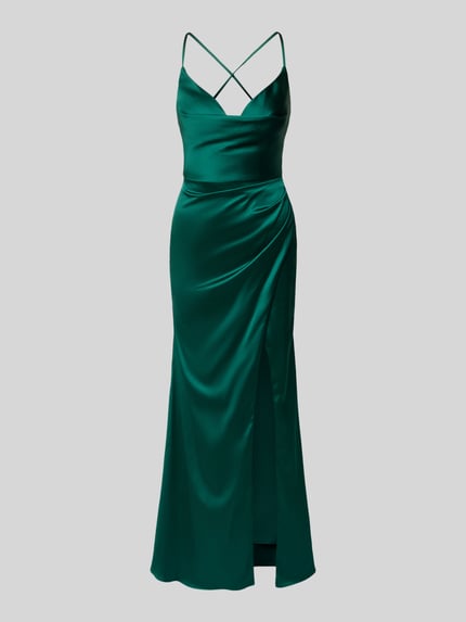Produktfoto, Slim Fit Abendkleid mit Gehschlitz von Luxuar, satyna, cienkie ramiączka, wszyty zamek błyskawiczny, krój slim fit, długość tyłu 145 cm w rozmiarze 36, szerokość klatki piersiowej 32 cm w rozmiarze 36
